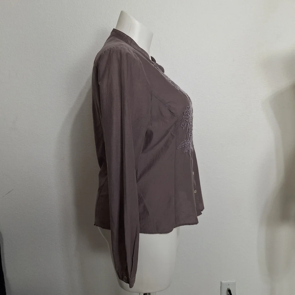 Laura Ashley Taupe/Gray Embroidered Bohemian Button Front Silk Blend Blouse *14